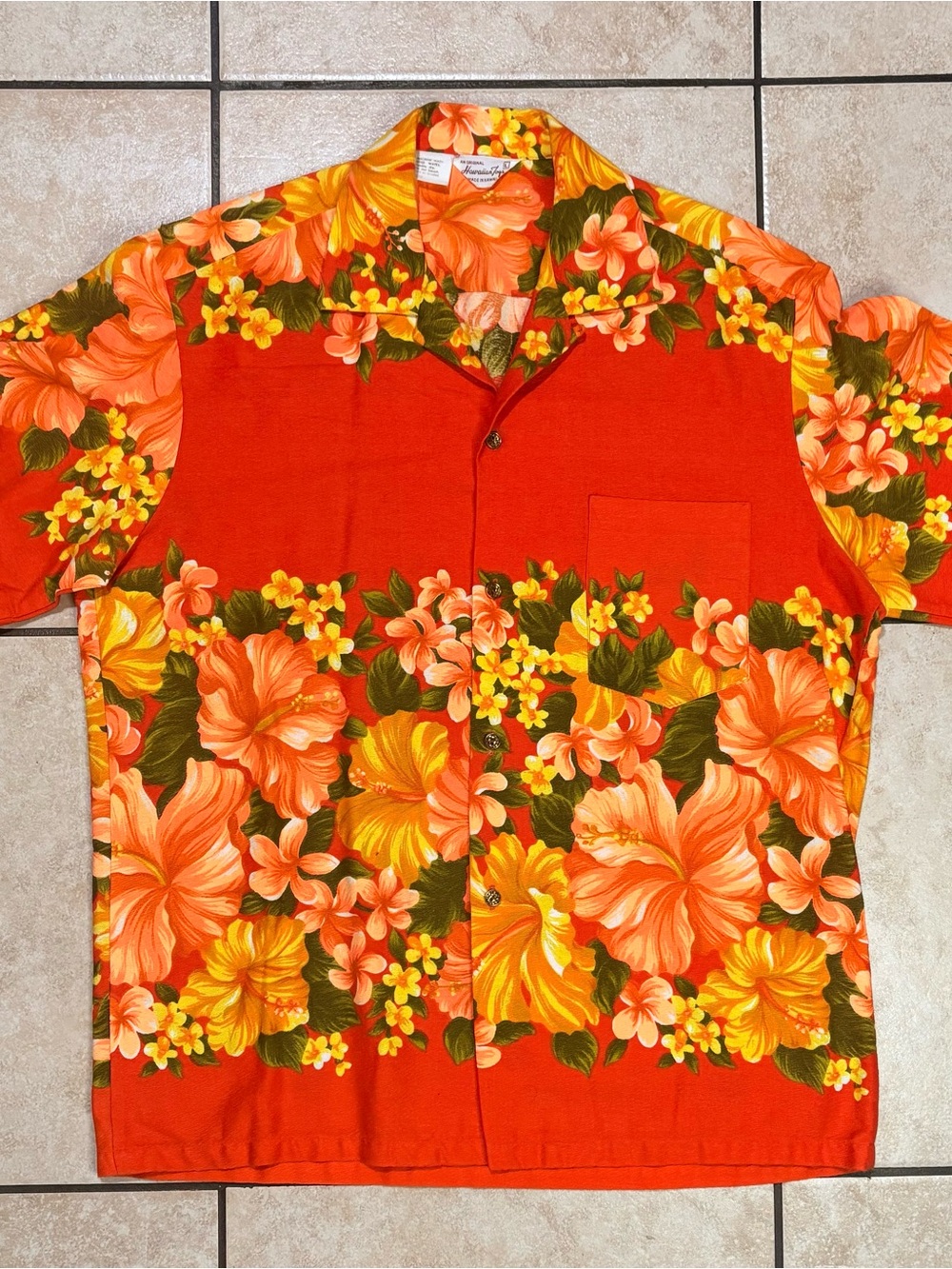 Vintage 60s Orange Floral Hawaiian Camp Button-Down Shirt
